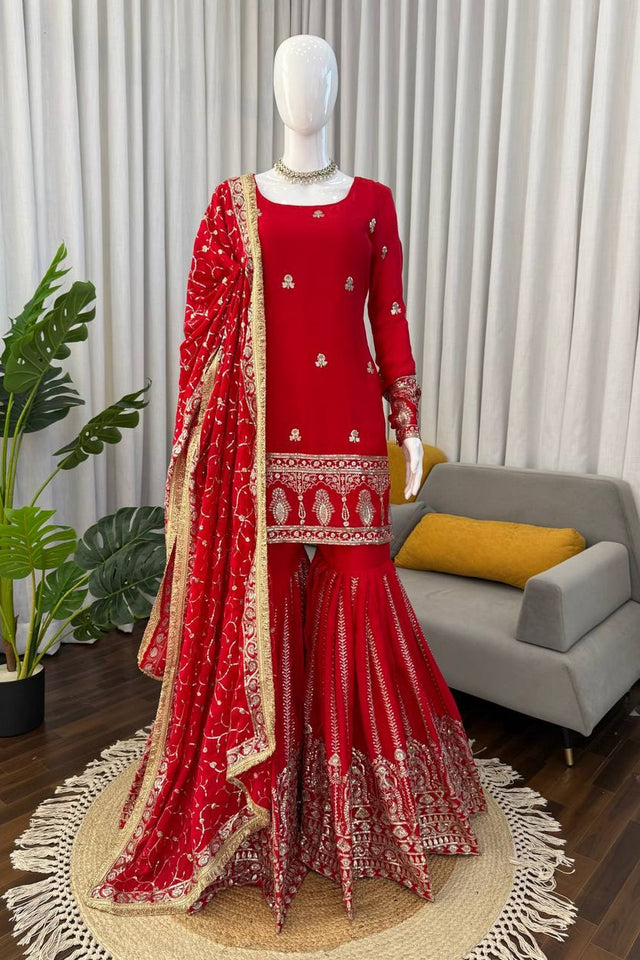 Red Embroidered Chiffon Sharara Suit (RT-6003)