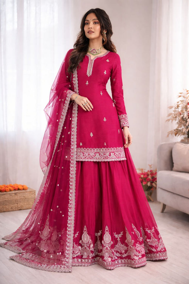 Pink Floral Embroidered Chiffon Skirt Set (RT-6004)