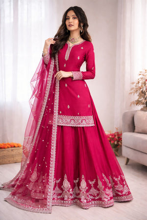 Pink Floral Embroidered Chiffon Skirt Set (RT-6004)