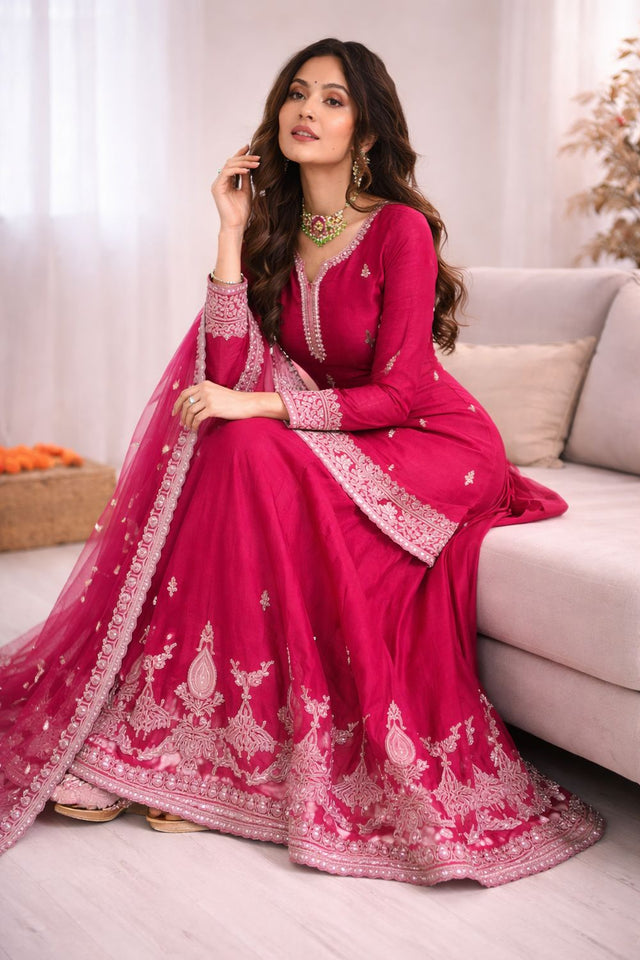 Pink Floral Embroidered Chiffon Skirt Set (RT-6004)