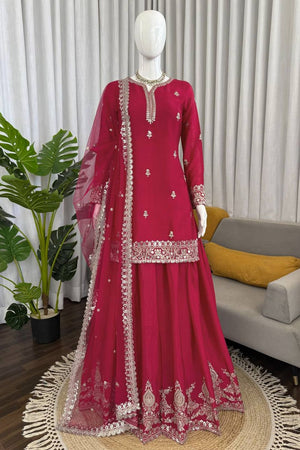 Pink Floral Embroidered Chiffon Skirt Set (RT-6004)