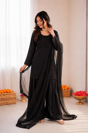 Black Embroidered Crepe Palazzo Suit (RT-6005-black)