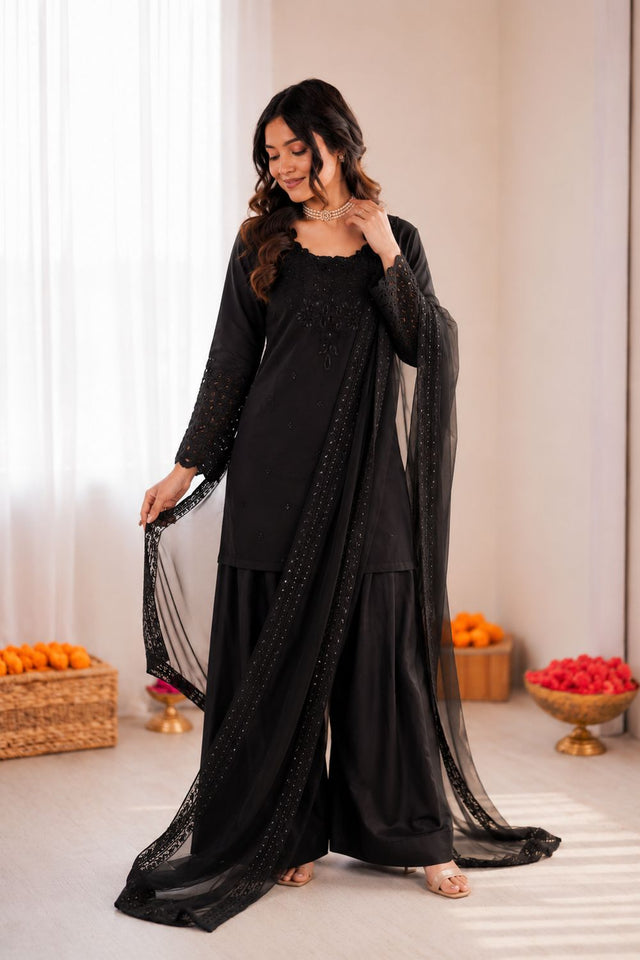 Black Embroidered Crepe Palazzo Suit (RT-6005-black)