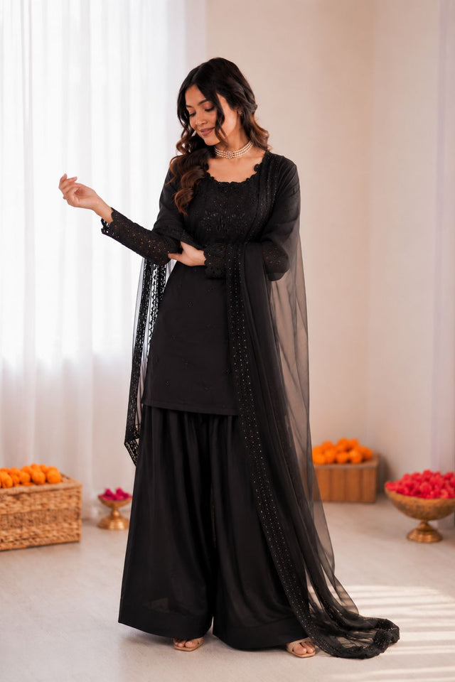 Black Embroidered Crepe Palazzo Suit (RT-6005-black)