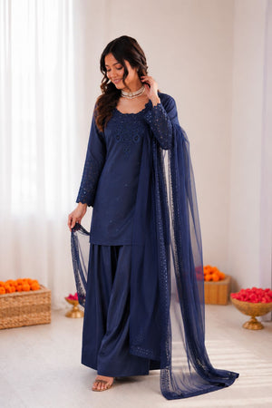 Blue Embroidered Crepe Palazzo Suit (RT-6005-blue)