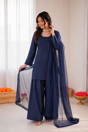 Blue Embroidered Crepe Palazzo Suit (RT-6005-blue)