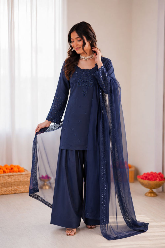 Blue Embroidered Crepe Palazzo Suit (RT-6005-blue)