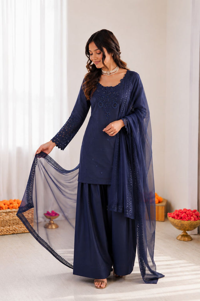 Blue Embroidered Crepe Palazzo Suit (RT-6005-blue)