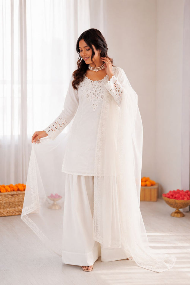 Off White Embroidered Crepe Palazzo Suit (RT-6005-off white)