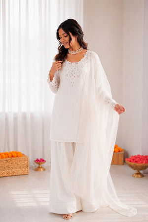 Off White Embroidered Crepe Palazzo Suit (RT-6005-off white)