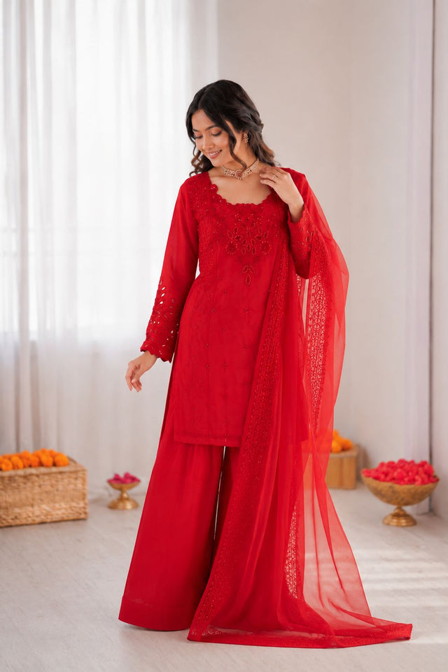 Red Embroidered Crepe Palazzo Suit (RT-6005-red)