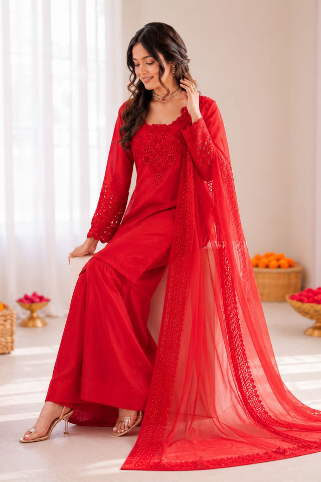 Red Embroidered Crepe Palazzo Suit (RT-6005-red)