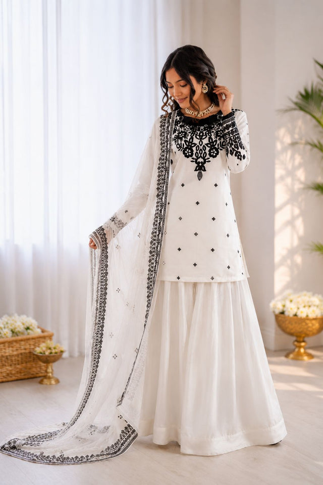Off White Embroidered Crepe Palazzo Suit (RT-6005-white)
