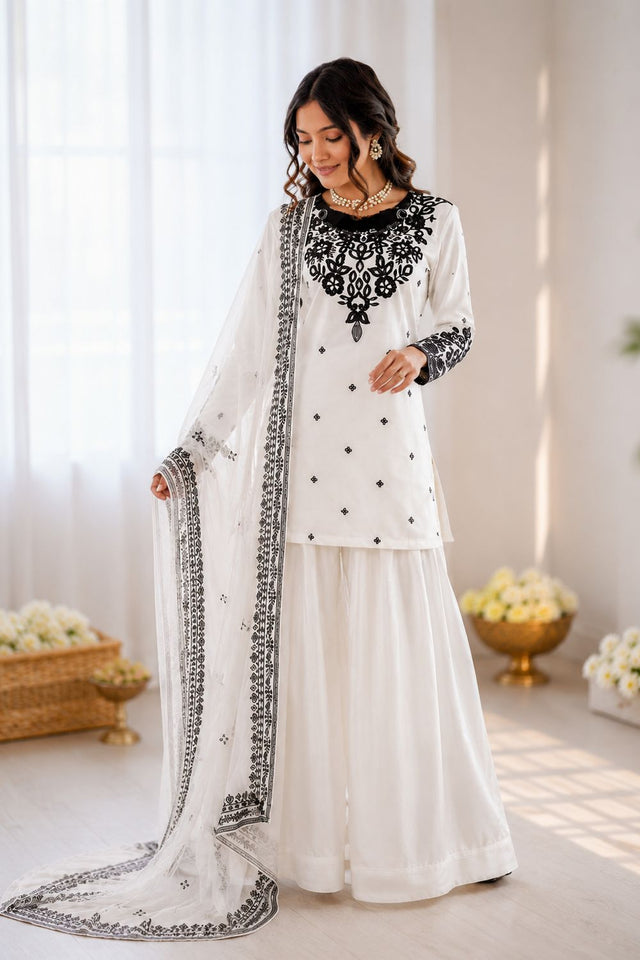 Off White Embroidered Crepe Palazzo Suit (RT-6005-white)