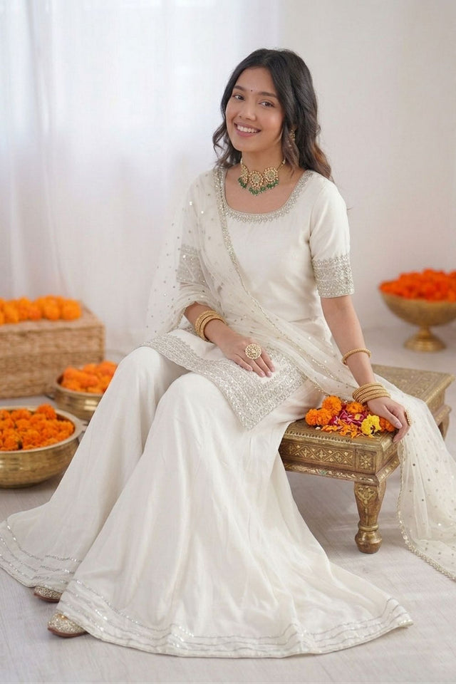 Off White Floral Embroidered Crepe Palazzo Suit (RT-6006)