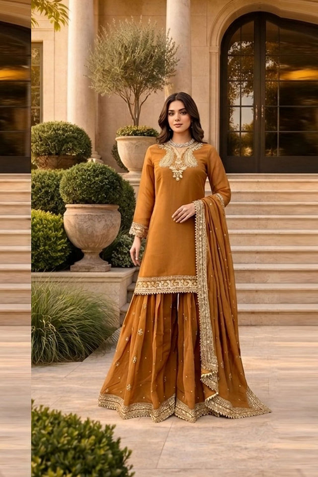 Beige Embroidered Chanderi Sharara Suit (RT-6009)