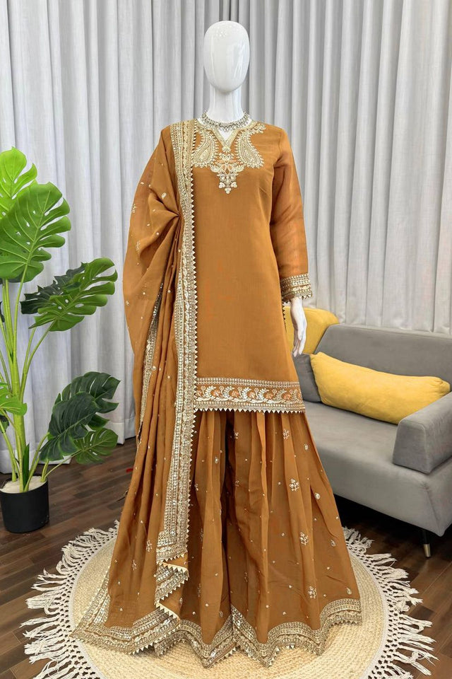 Beige Embroidered Chanderi Sharara Suit (RT-6009)