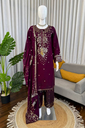 Wine Sequin Art Silk Straight Cut Suit (RT-6010)