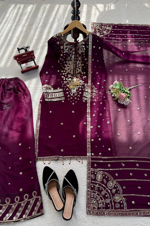 Wine Sequin Art Silk Straight Cut Suit (RT-6010)