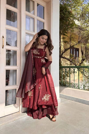 Maroon Floral Embroidered Art Silk Palazzo Suit (RT-6011-maroon)
