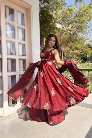 Maroon Floral Embroidered Art Silk Palazzo Suit (RT-6011-maroon)