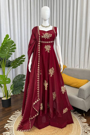 Maroon Floral Embroidered Art Silk Palazzo Suit (RT-6011-maroon)