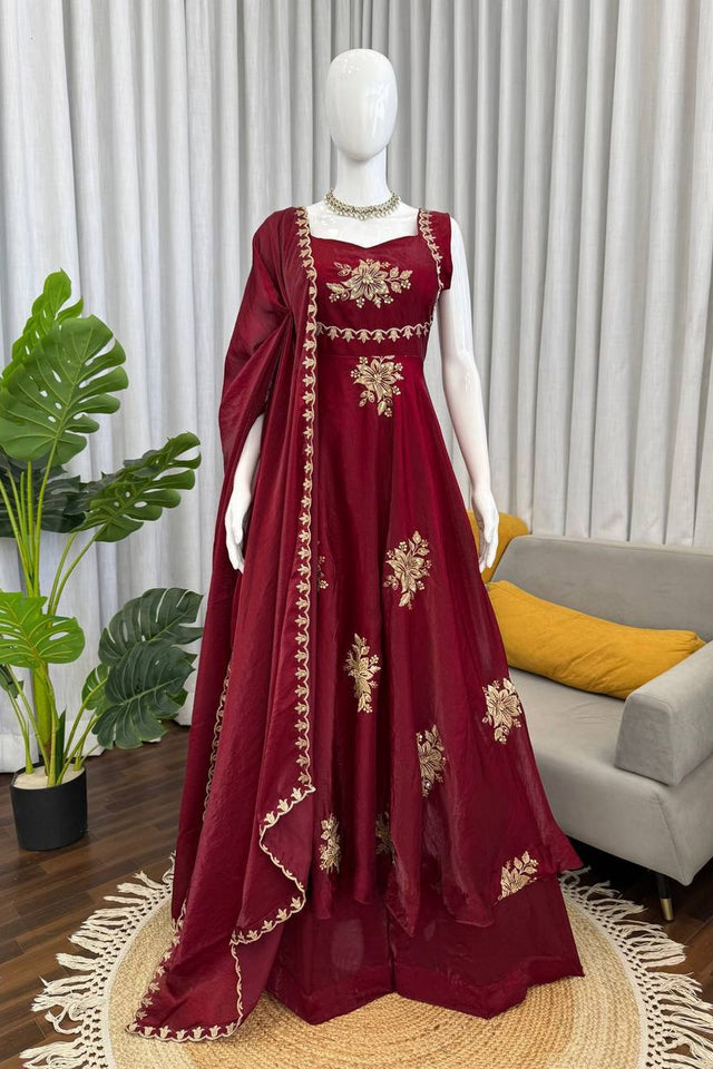 Maroon Floral Embroidered Art Silk Palazzo Suit (RT-6011-maroon)