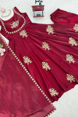 Maroon Floral Embroidered Art Silk Palazzo Suit (RT-6011-maroon)