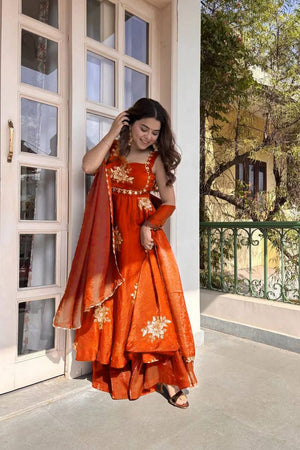 Orange Floral Embroidered Art Silk Palazzo Suit (RT-6011-orange)
