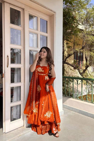 Orange Floral Embroidered Art Silk Palazzo Suit (RT-6011-orange)