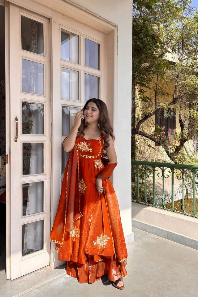 Orange Floral Embroidered Art Silk Palazzo Suit (RT-6011-orange)