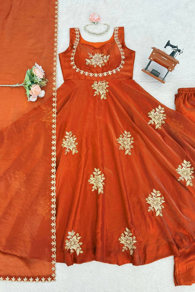 Orange Floral Embroidered Art Silk Palazzo Suit (RT-6011-orange)