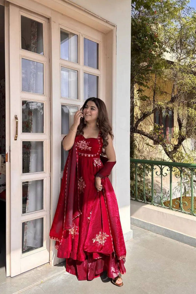 Pink Floral Embroidered Art Silk Palazzo Suit (RT-6011-pink)