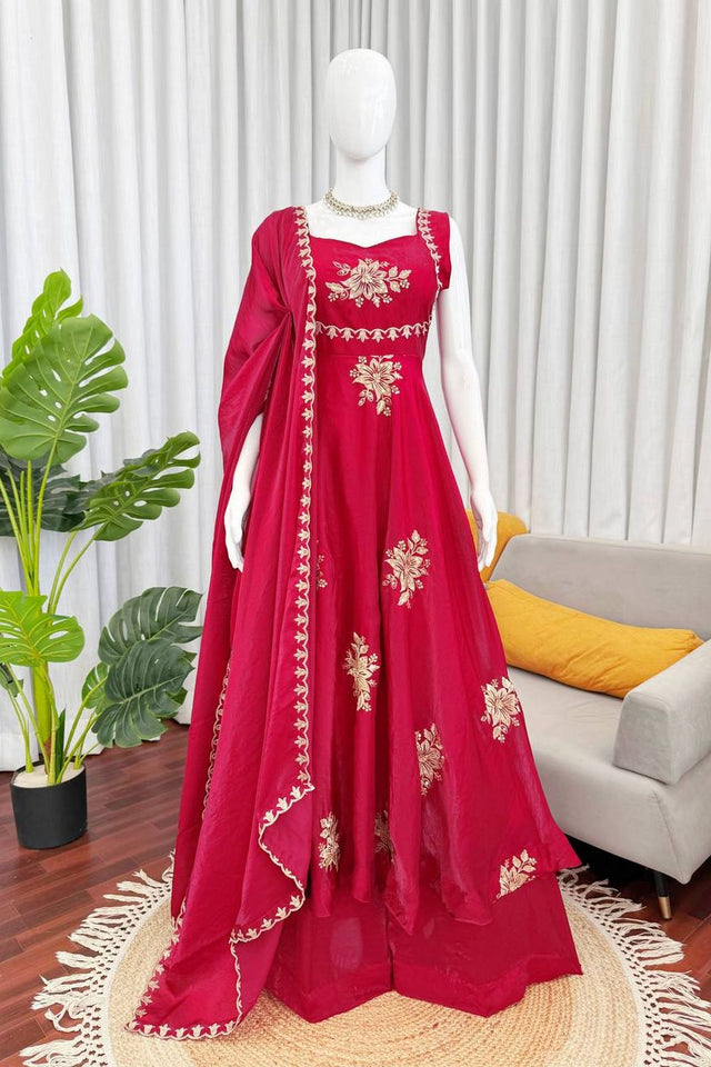 Pink Floral Embroidered Art Silk Palazzo Suit (RT-6011-pink)