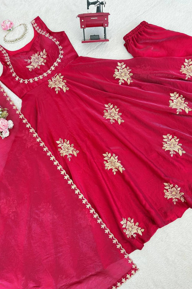 Pink Floral Embroidered Art Silk Palazzo Suit (RT-6011-pink)