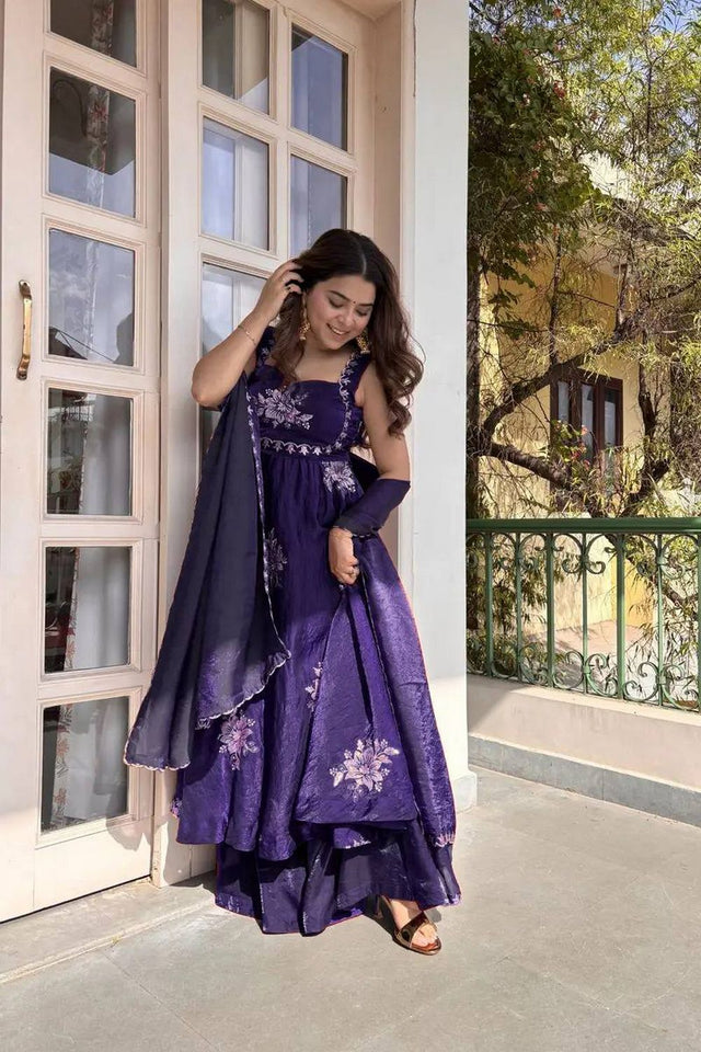 Violet Floral Embroidered Art Silk Palazzo Suit (RT-6011-violet)