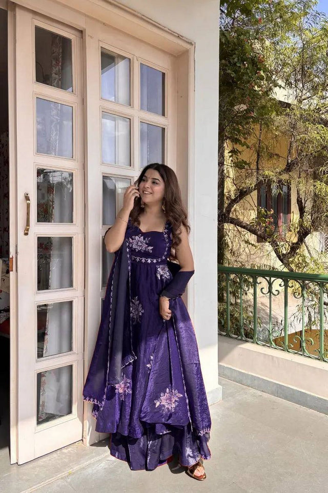 Violet Floral Embroidered Art Silk Palazzo Suit (RT-6011-violet)