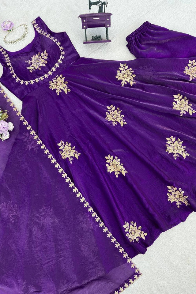 Violet Floral Embroidered Art Silk Palazzo Suit (RT-6011-violet)