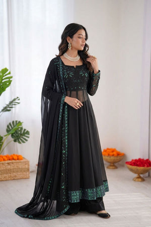 Black Sequin with Embroidered Georgette Palazzo Suit (RT-6012)