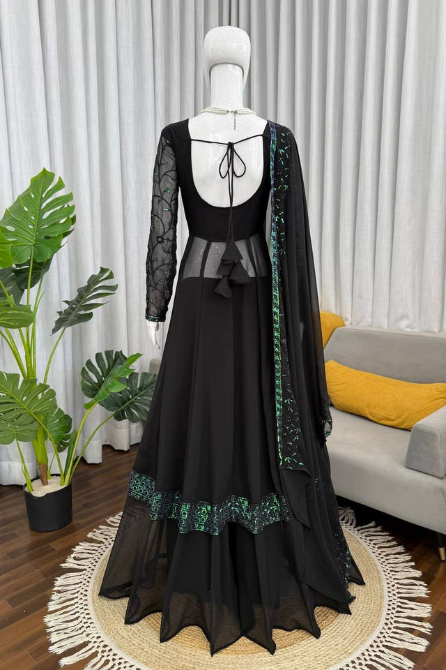 Black Sequin with Embroidered Georgette Palazzo Suit (RT-6012)
