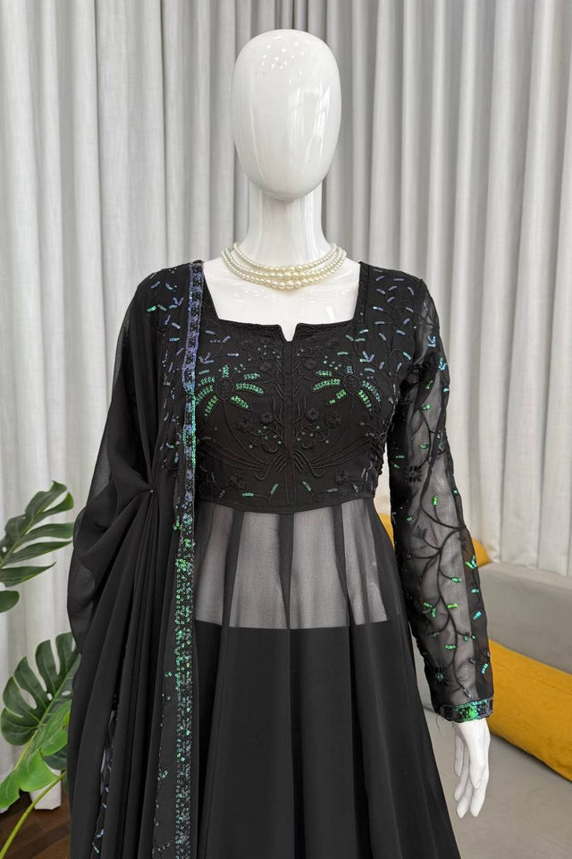 Black Sequin with Embroidered Georgette Palazzo Suit (RT-6012)