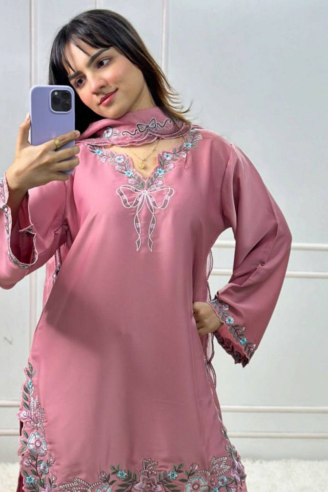 Pink Floral Embroidered Crepe Palazzo Suit (RT-6014-light pink)