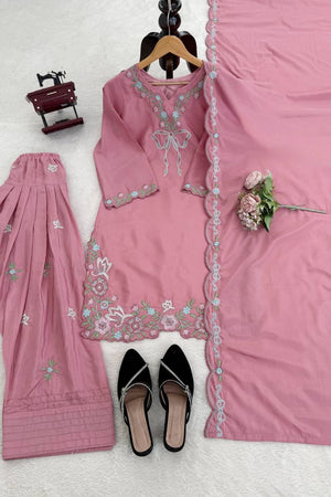 Pink Floral Embroidered Crepe Palazzo Suit (RT-6014-light pink)