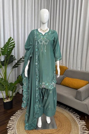 Sea Green Floral Embroidered Crepe Palazzo Suit (RT-6014-sea gren)