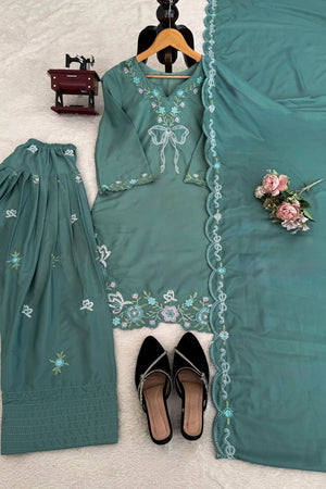 Sea Green Floral Embroidered Crepe Palazzo Suit (RT-6014-sea gren)