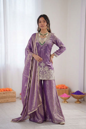 Lavender Floral Embroidered Art Silk Palazzo Suit (RT-6015-lavender)