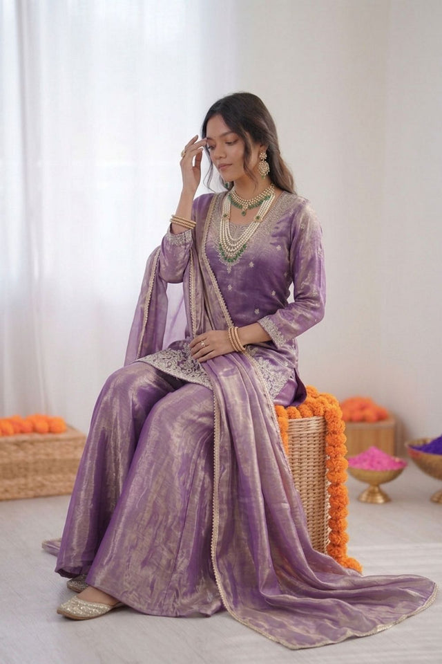 Lavender Floral Embroidered Art Silk Palazzo Suit (RT-6015-lavender)