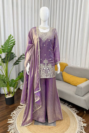Lavender Floral Embroidered Art Silk Palazzo Suit (RT-6015-lavender)