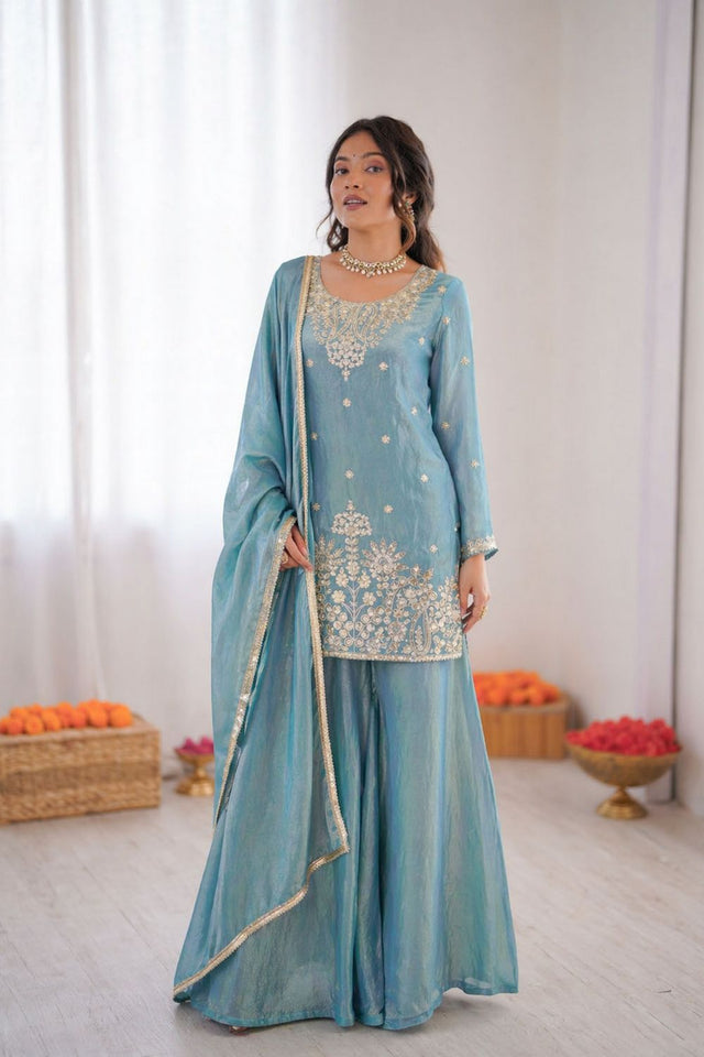 Blue Floral Embroidered Art Silk Palazzo Suit (RT-6015-sky blue)