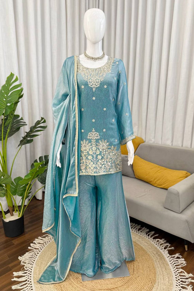 Blue Floral Embroidered Art Silk Palazzo Suit (RT-6015-sky blue)
